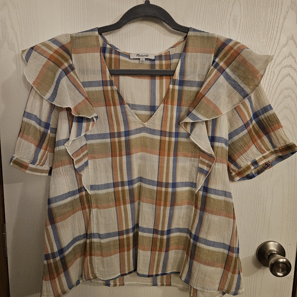 Madewell V-Neck Shoulder-Ruffle Top in Plaid